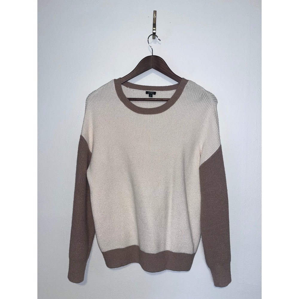 Express Women XS Colorblock Ribbed Knit Sweater Cream Tan Crew Neck Long Sleeve